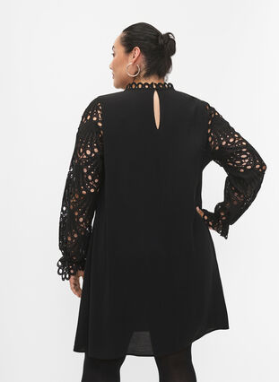 Viscose dress with crochet sleeves, Black, Model image number 1