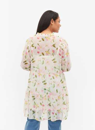 Tunic with floral print and lurex, White/Pink Flower, Model image number 1