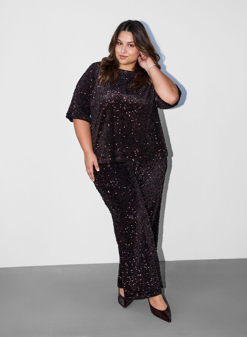Sequin blouse with elbow-length sleeves, Brown, Model image number 1