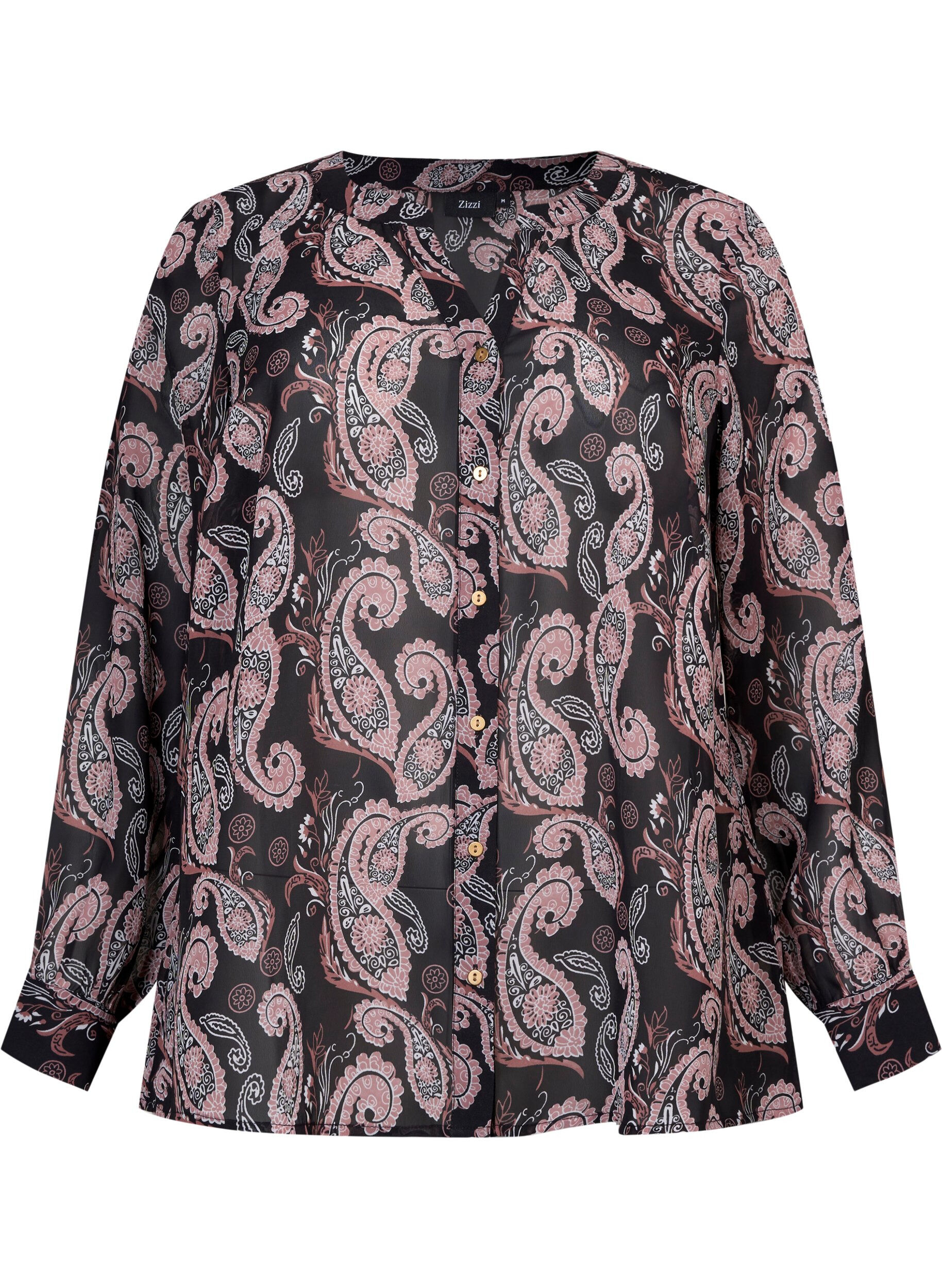 Zizzifashion Printed v-neck shirt, Black/Beige Paisley, Packshot image number 0