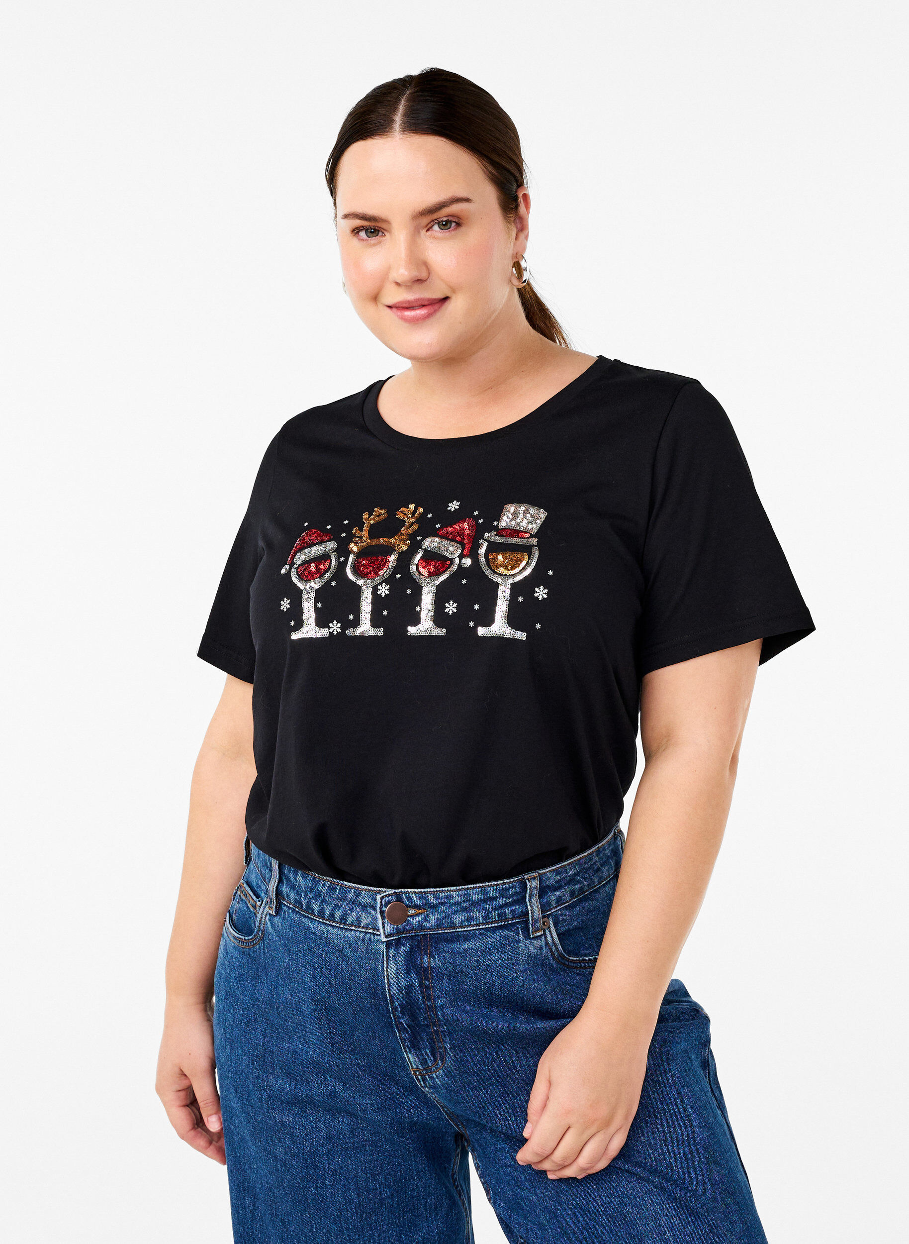 Zizzifashion Christmas t-shirts in 100% cotton, Black w. Drinks, Model image number 0