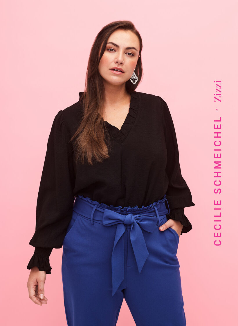 Long-sleeved viscose blouse with ruffle details, Black, Model image number 0
