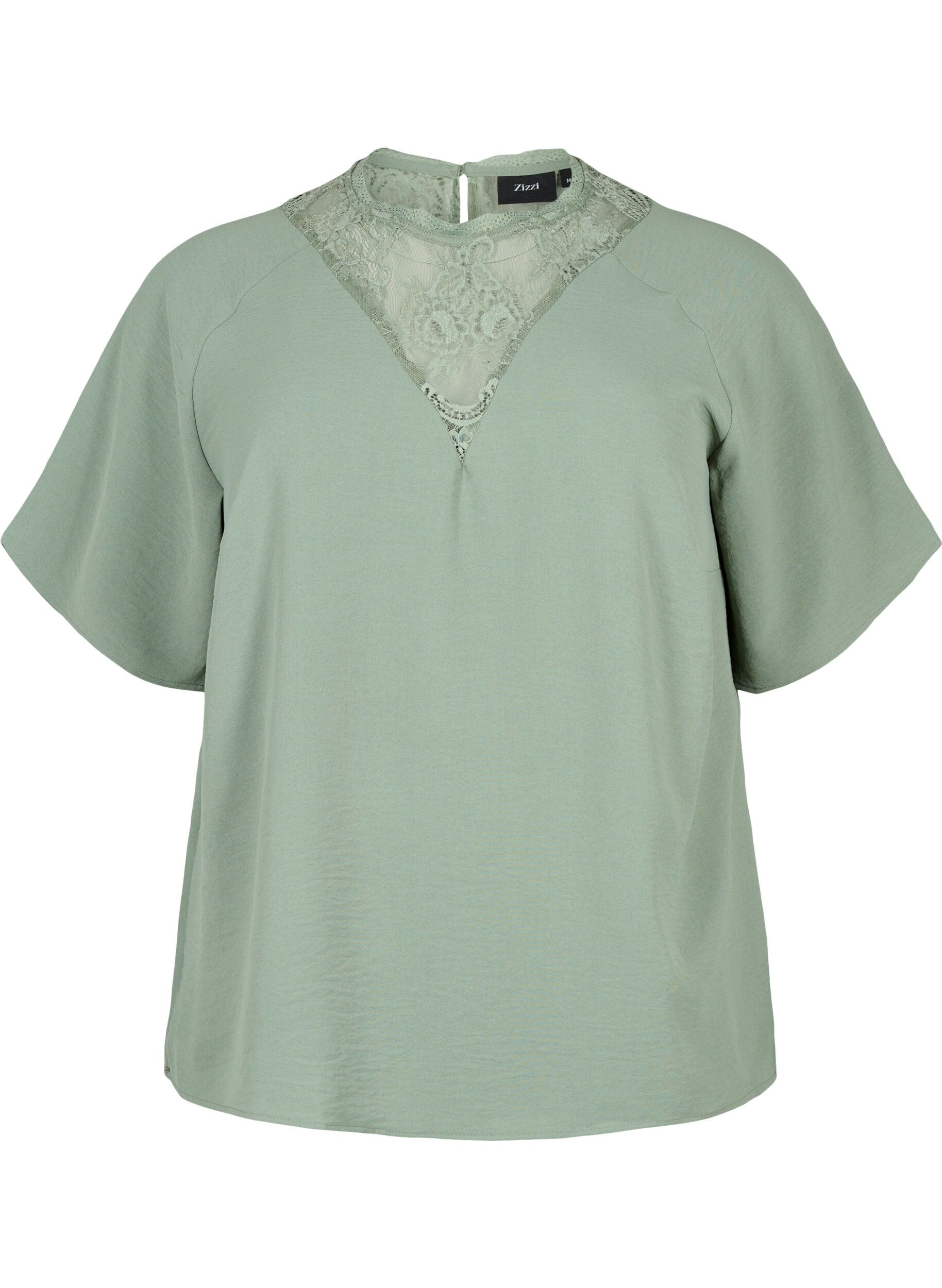 Zizzifashion Short-sleeved blouse with lace, Lily Pad, Packshot image number 0