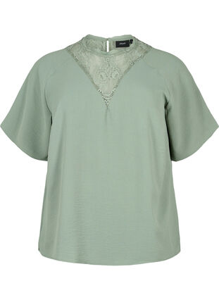 Short-sleeved blouse with lace, Lily Pad, Packshot image number 0