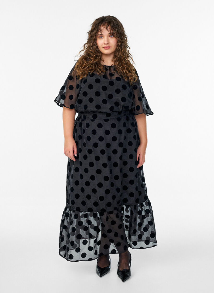Midi skirt in organza-look with velvet dots, Black, Model image number 0