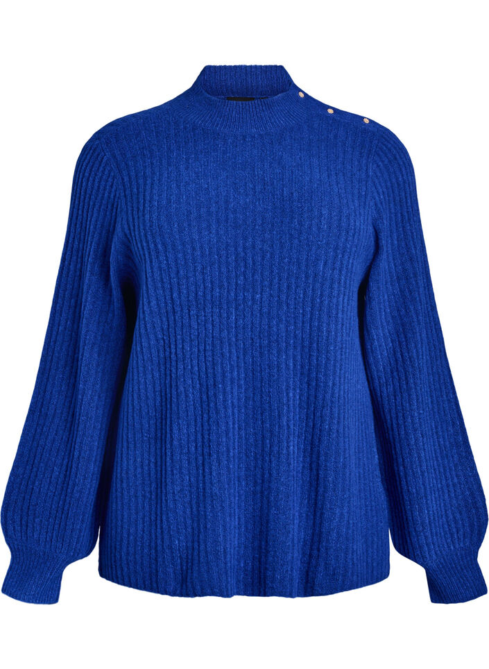 Ribbed jumper with puff sleeves and buttons, Blue, Packshot