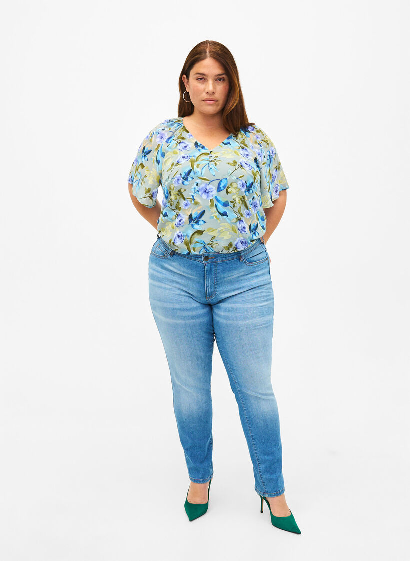 Floral party blouse with short sleeves, Wrought Iron AOP, Model image number 2