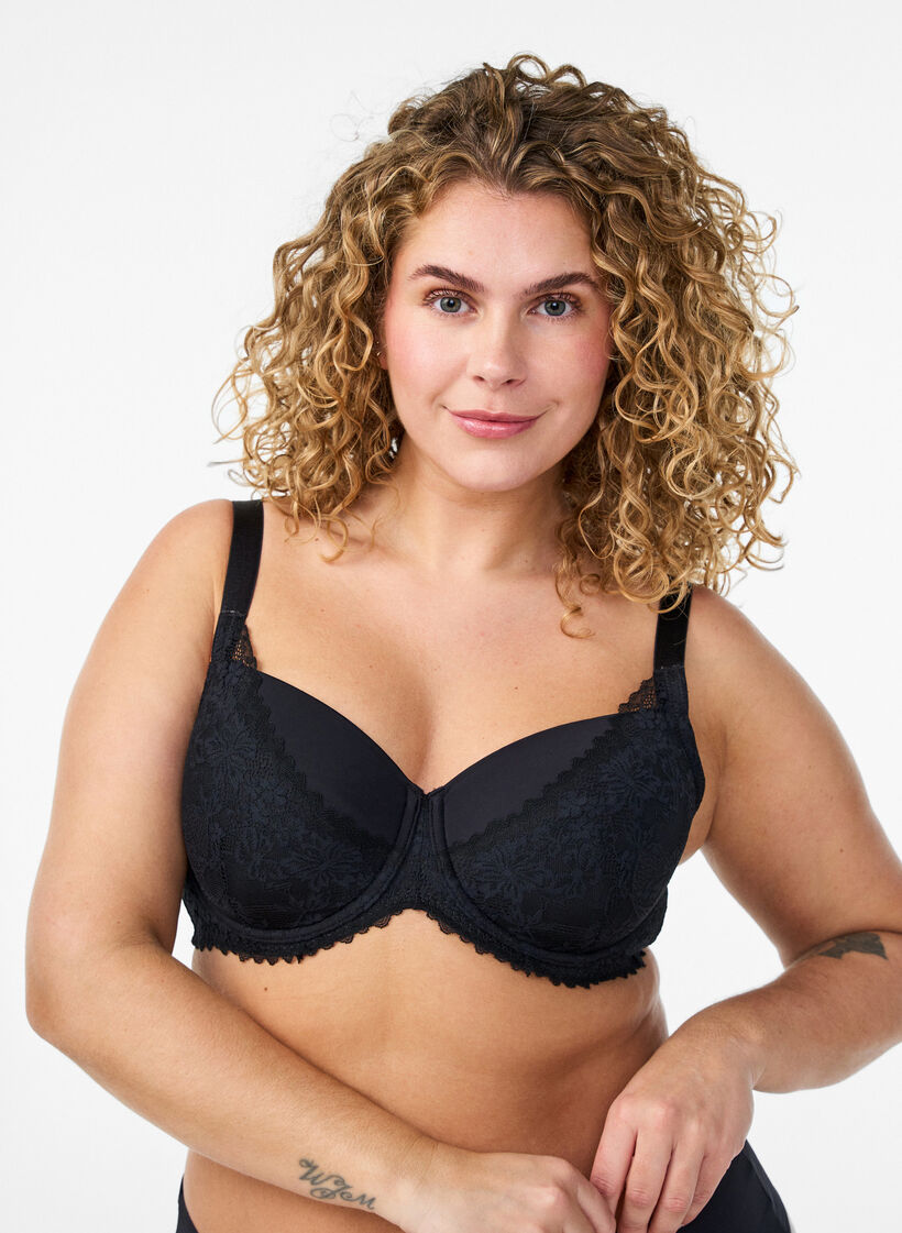 Padded bra with lace, Black, Model image number 0