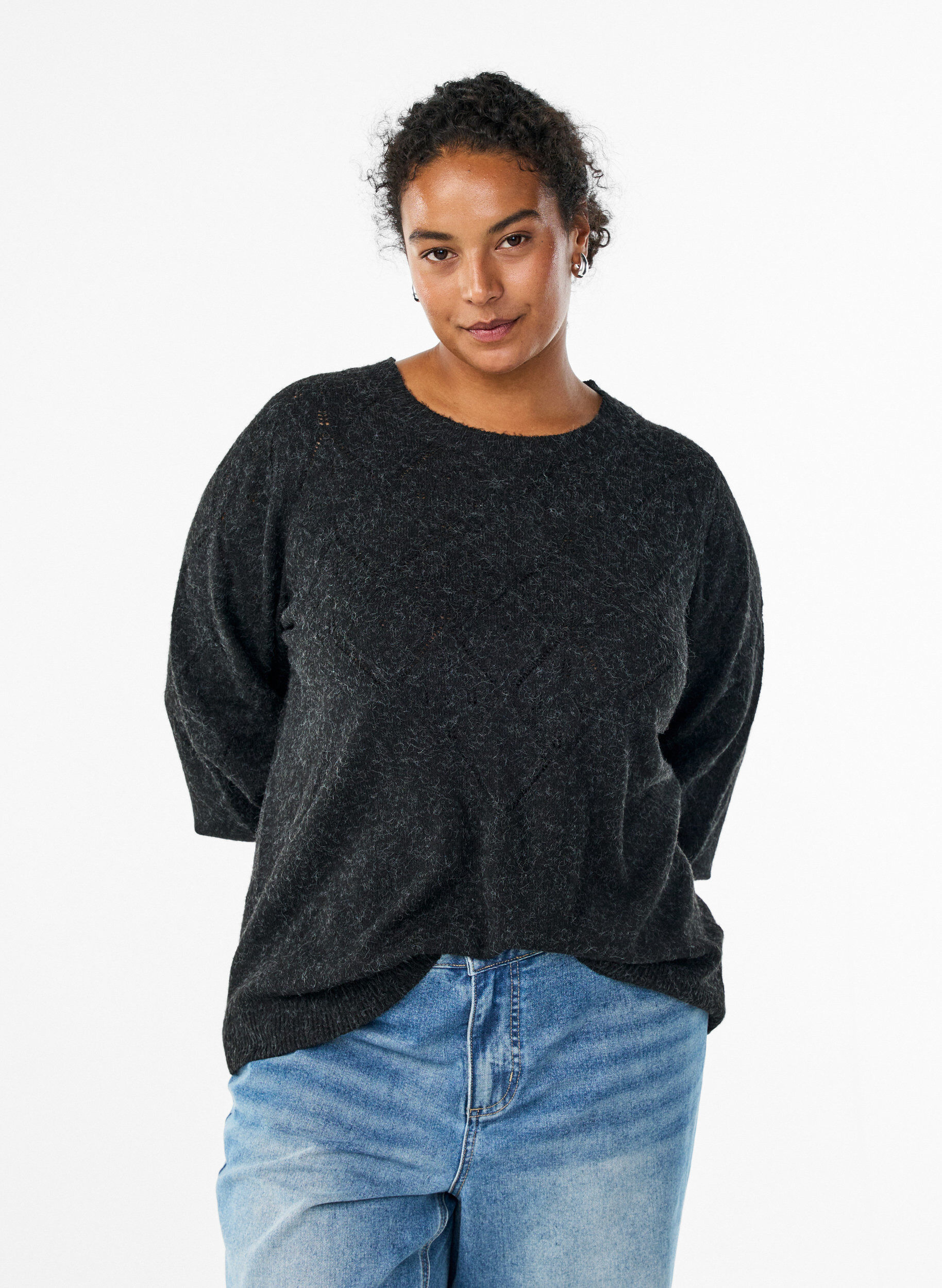 Knitted top with openwork pattern and balloon sleeves, Dark Grey, Model