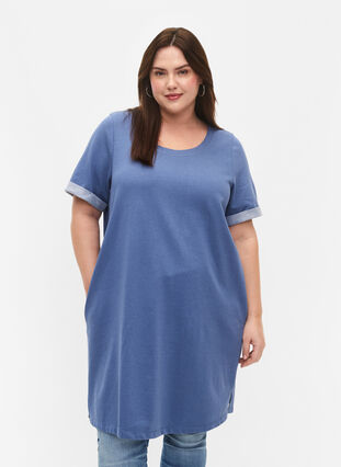 Short-sleeved sweat dress with pockets, Moonlight Blue, Model image number 0