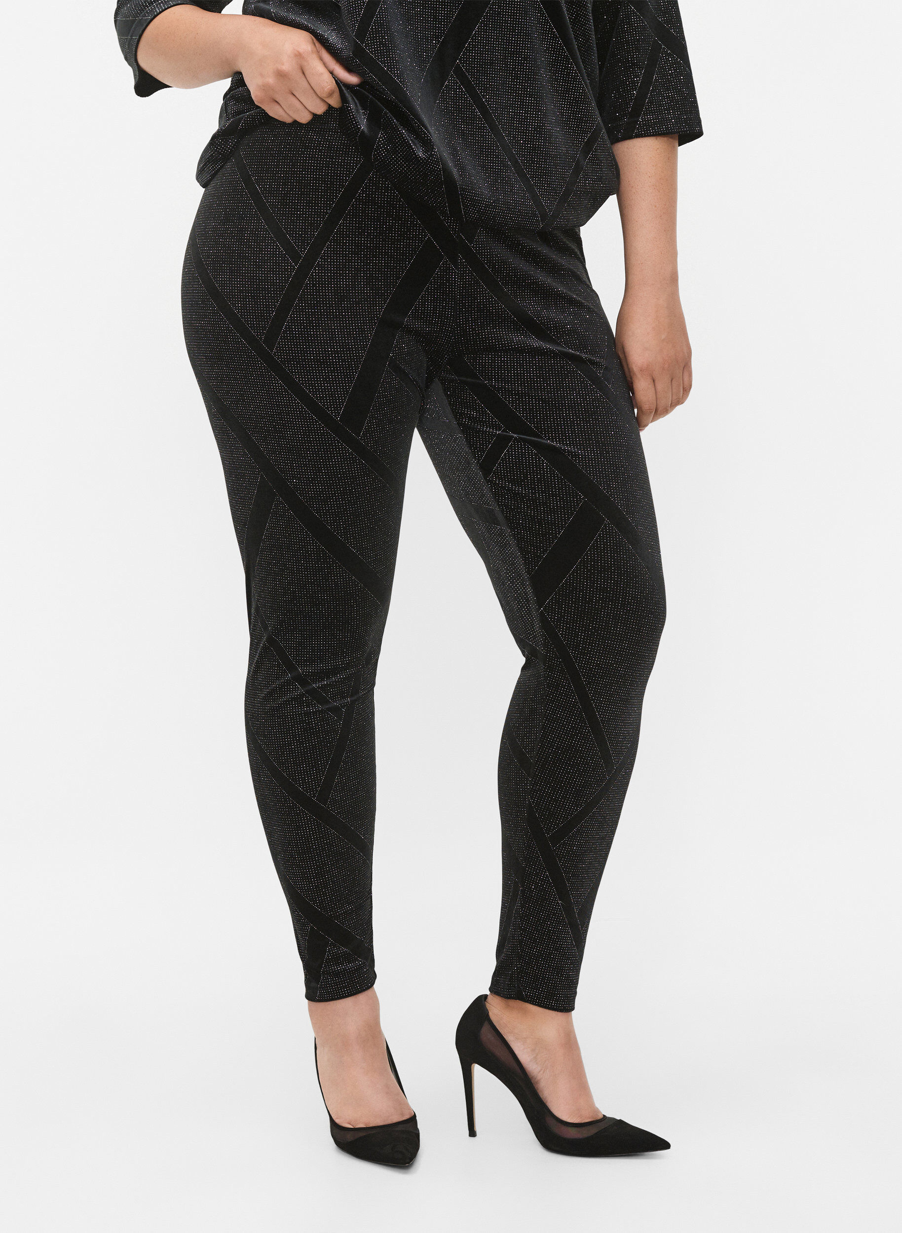 Zizzifashion Velour leggings with glitter and pattern, Black, Model image number 1