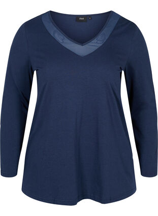 Long-sleeved cotton blouse with mesh, Navy Blazer, Packshot image number 0