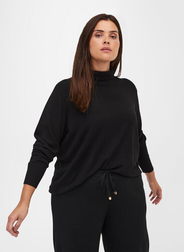High neck knitted blouse made from a viscose mix, Black, Model image number 0
