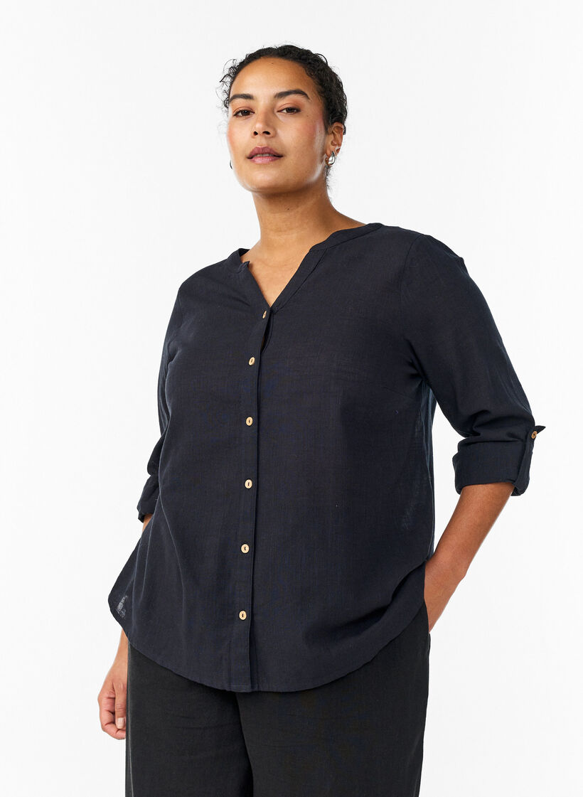 Cotton shirt blouse with V-neck, Black, Model image number 0