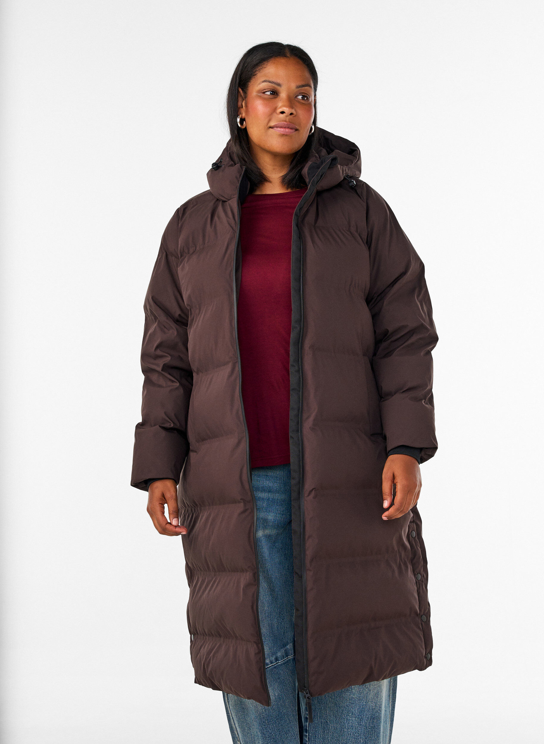 ZizzifashionLong puffer winter coat with hood, Brown, Model image number 0