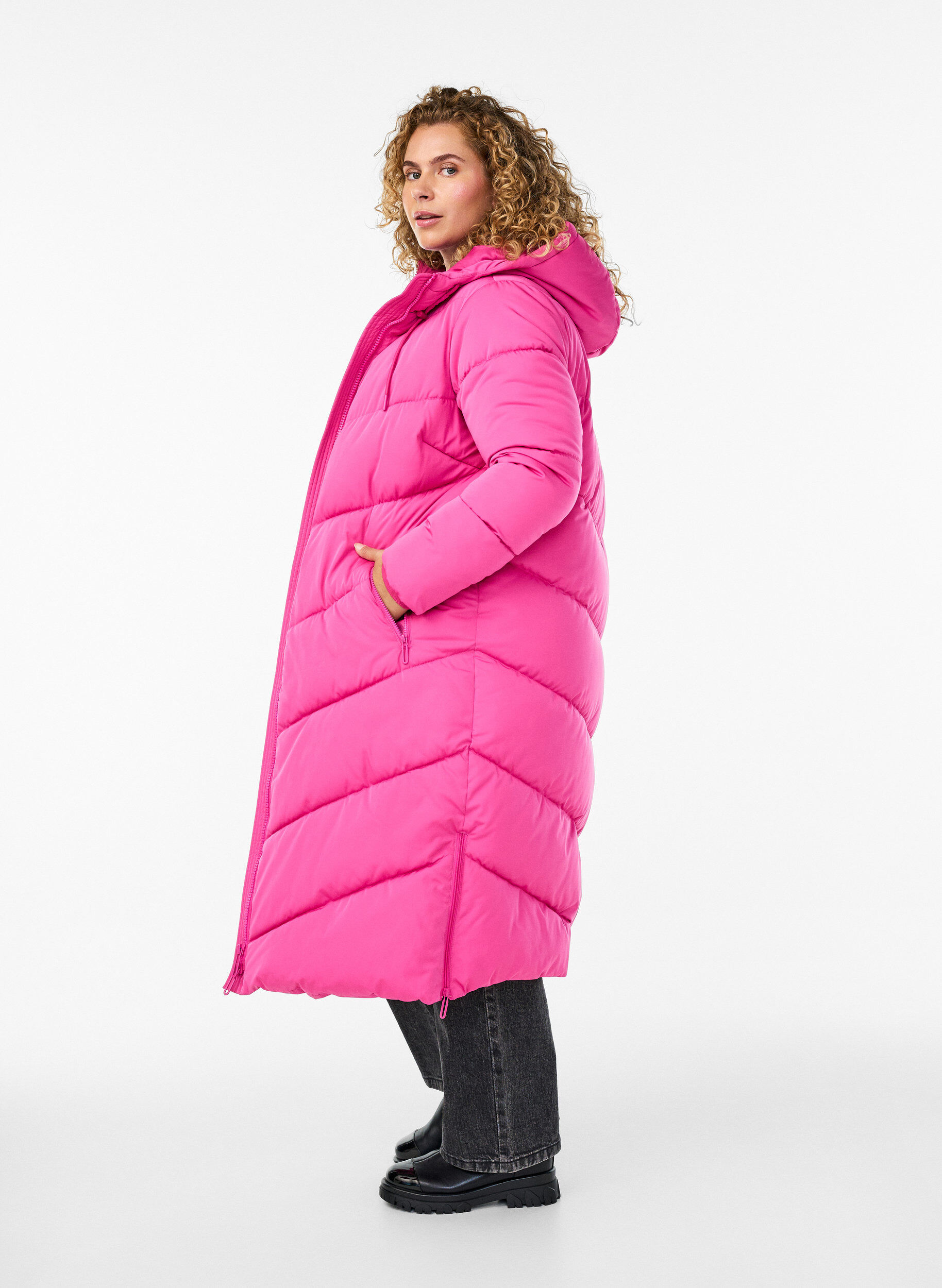 ZizzifashionLong puffer coat with hood and pockets, Rose, Model image number 2