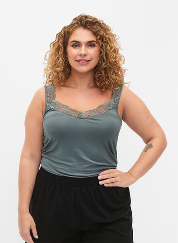 Viscose top with lace edge, Balsam Green, Model image number 0