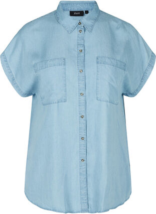 Short-sleeved shirt with chest pockets, Light blue denim, Packshot image number 0