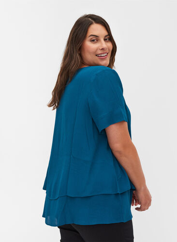 Viscose blouse with 2/4 sleeves and pleat, Moroccan Blue, Model image number 1