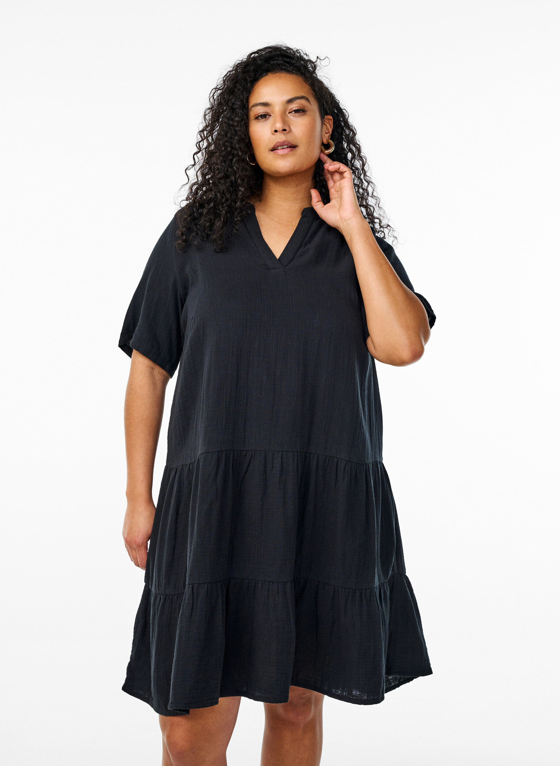 ZizzifashionShort A-line dress in cotton muslin, Black, Model image number 0