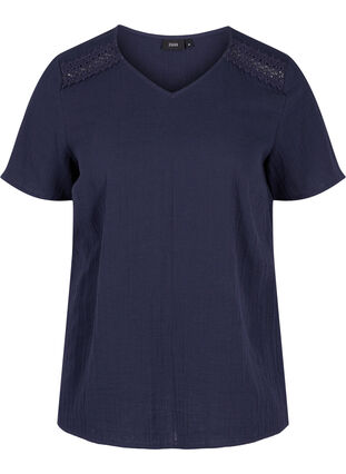 Short-sleeved cotton blouse with lace, Night Sky, Packshot image number 0