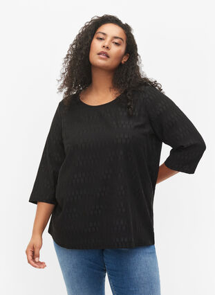 Patterned top with 3/4 sleeves, Black, Model image number 0