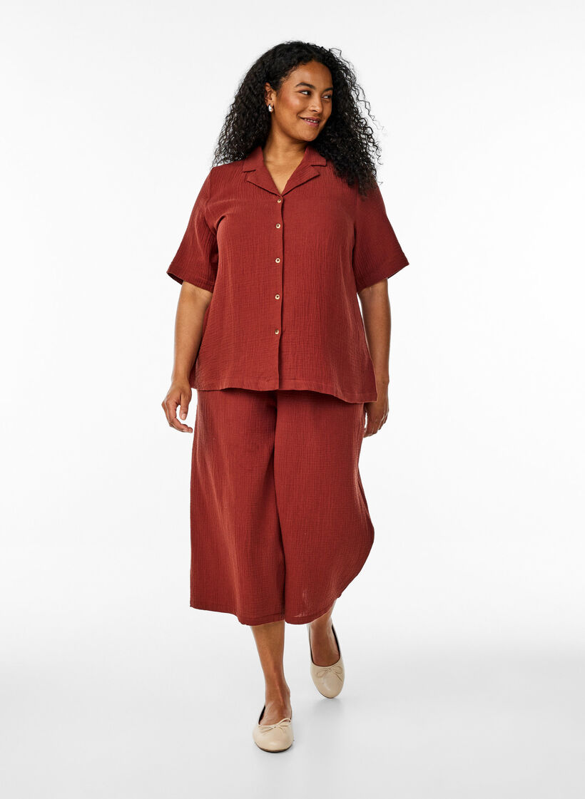 Culotte trousers in cotton muslin with high waist, Red, Model image number 0