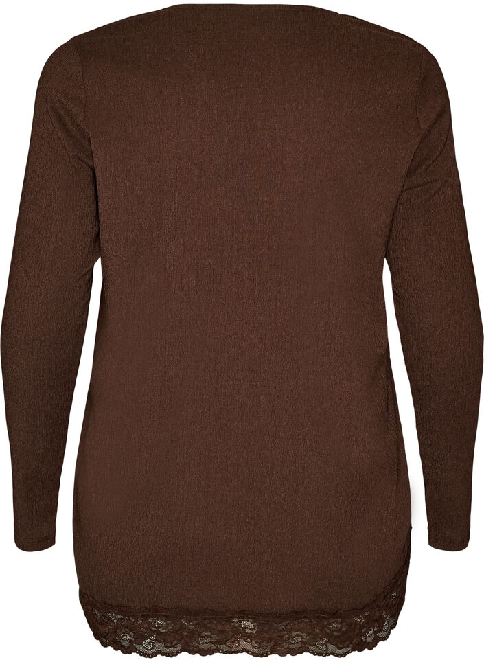 Jersey blouse with asymmetrical lace trim, Brown, Packshot image number 1