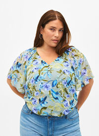 Floral party blouse with short sleeves, Wrought Iron AOP, Model