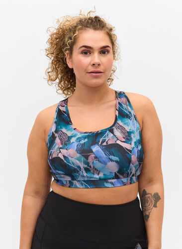 Printed sports bra with cross back, Watercolor Print, Model image number 0