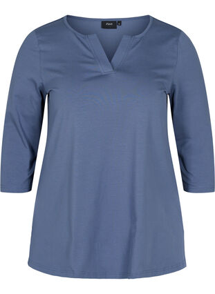 Plain-coloured cotton blouse with 3/4-length sleeves and slits, Vintage Indigo, Packshot image number 0