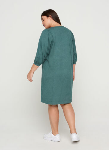 Knitted dress with 3/4 puff sleeves and round neck, Sea Pine Mel., Model image number 1