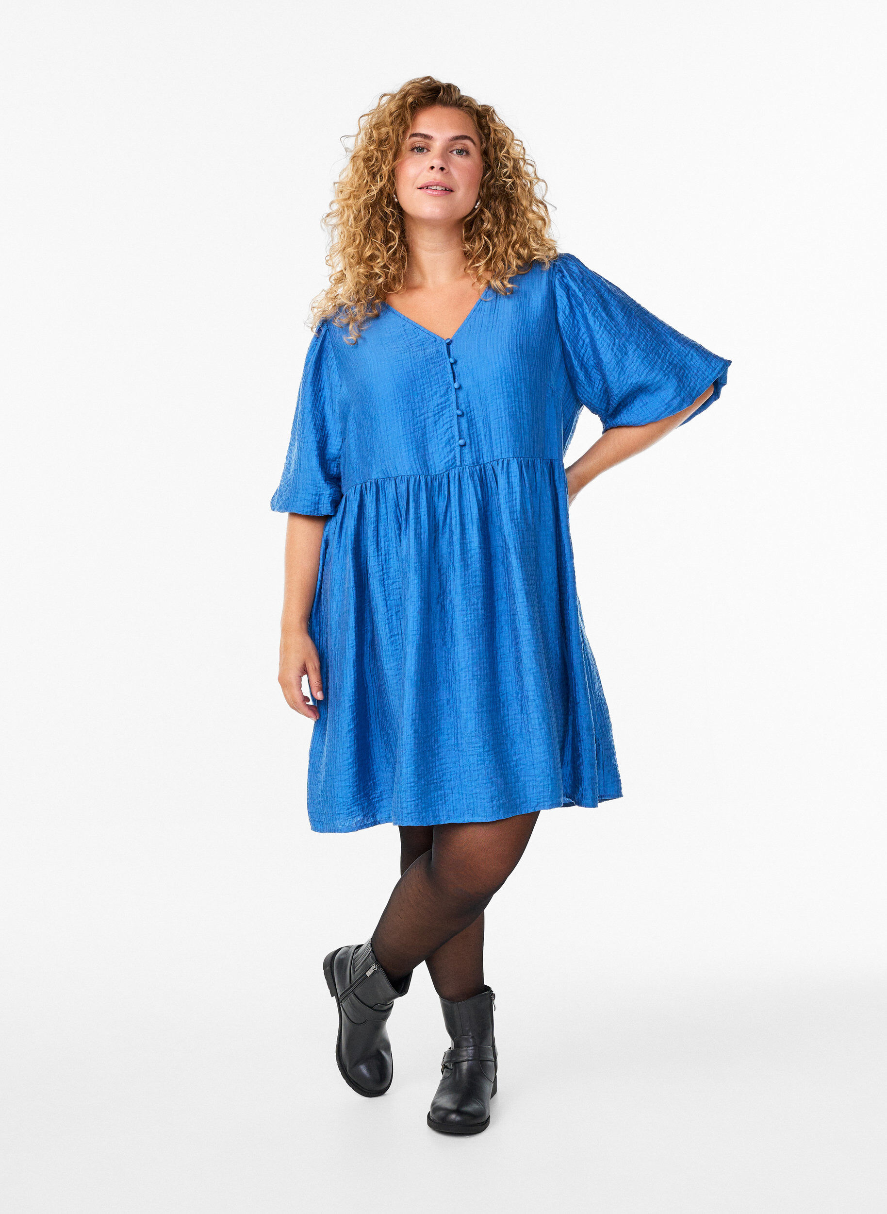 Zizzifashion Short dress with texture and short balloon sleeves, Blue, Model image number 1