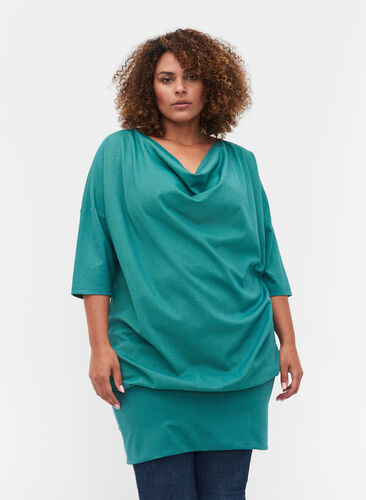 Solid-coloured tunic with 3/4-sleeves, Teal Green Melange, Model image number 0