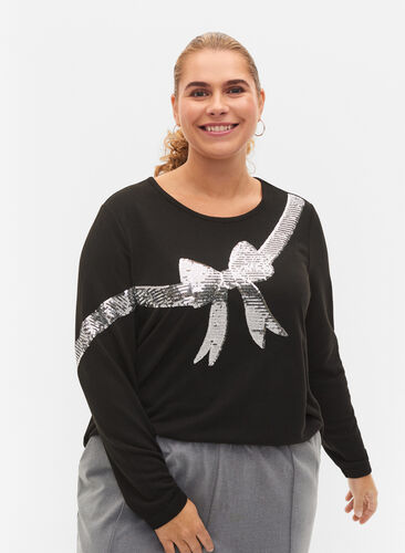 Christmas jumper with sequins, Black Bow Silver, Model image number 0