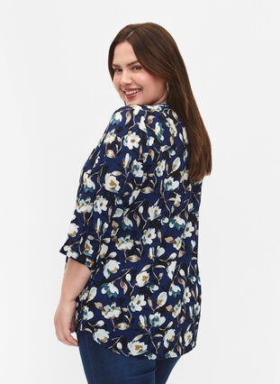 Floral blouse with 3/4 sleeves, P. Blue Flower AOP, Model image number 1