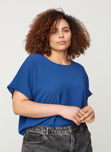 Blouse with short sleeves and a round neckline, Twilight Blue, Model image number 0
