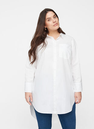 Long cotton shirt with chest pockets, White, Model image number 0