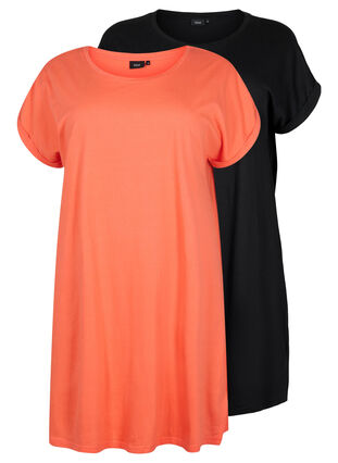 2-pack cotton dress with short sleeves, Living Coral / Black, Packshot image number 0