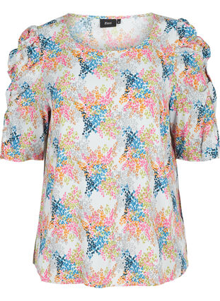 Printed viscose blouse with puff sleeves, Gray Dawn AOP, Packshot image number 0
