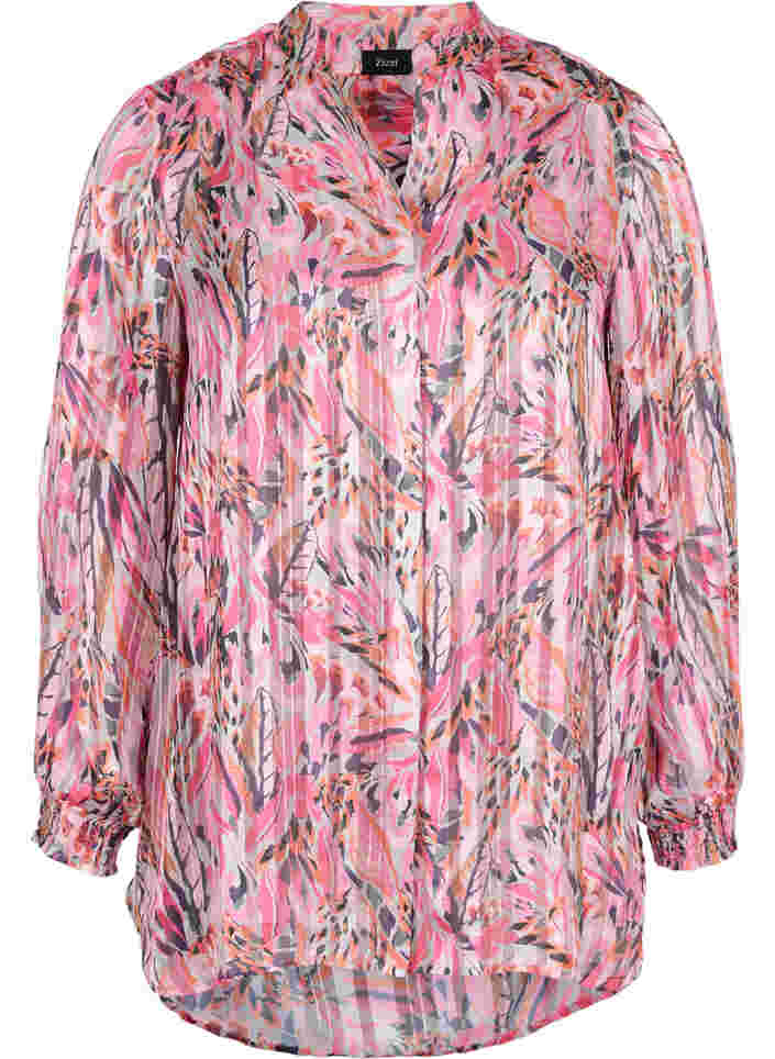 Tunic with floral print, v-neck and long sleeves, Pink Feather, Packshot image number 0