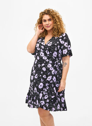 Printed wrap dress with short sleeves, Black Flower AOP, Model image number 0