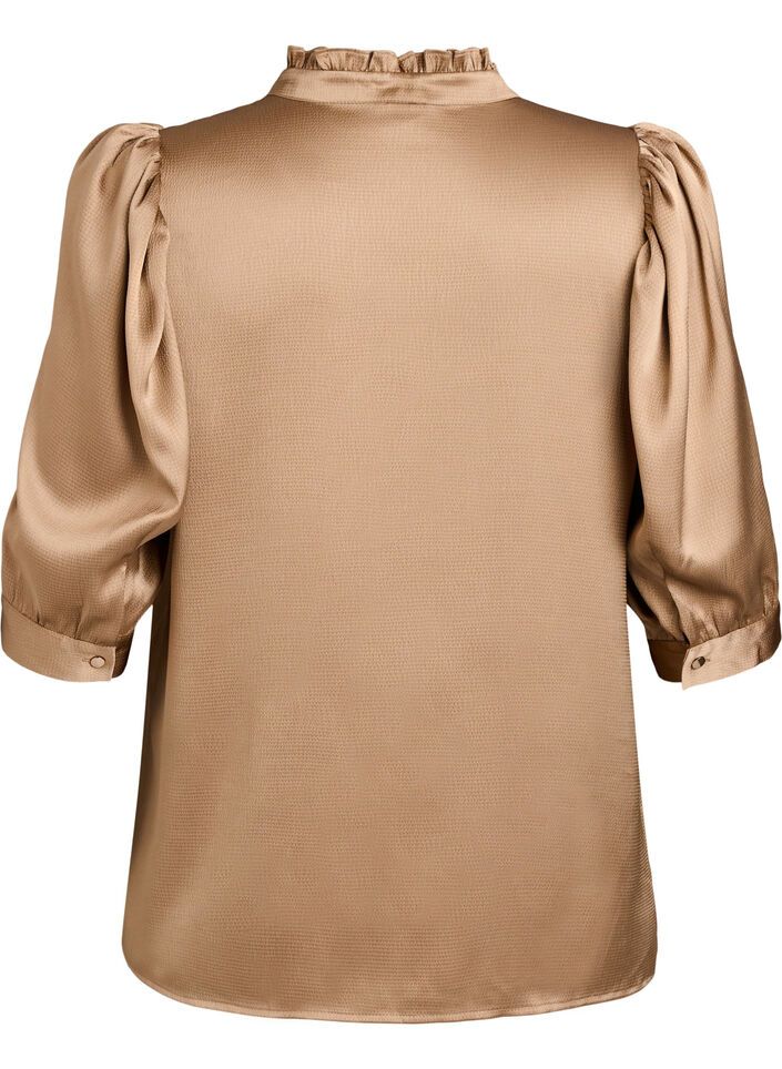 Satin-look blouse with 1/2 sleeves and a ruffle collar, Brown, Packshot image number 1