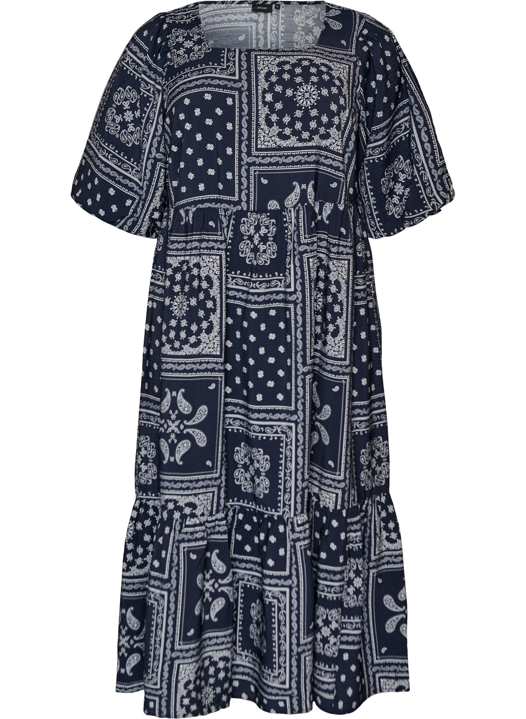 Ankle-length dress in viscose with paisley print and short sleeves