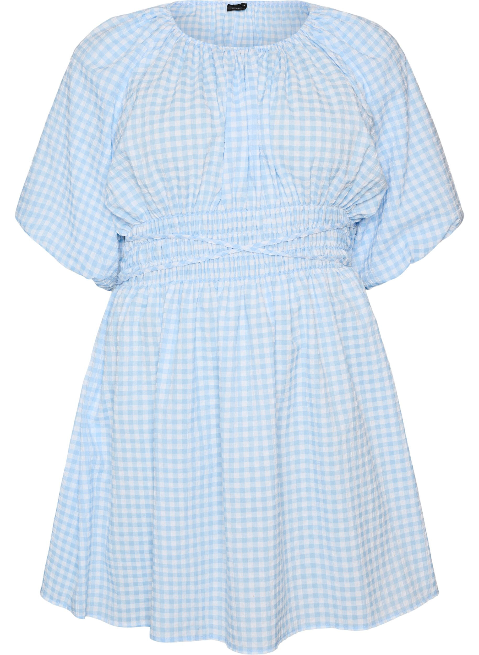 ZizzifashionShort small check dress with balloon sleeves, Light Blue, Packshot image number 0