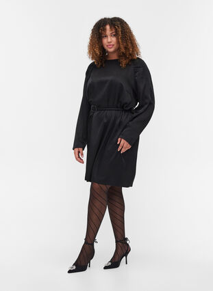 Dress with puff sleeves and belt, Black, Model image number 2