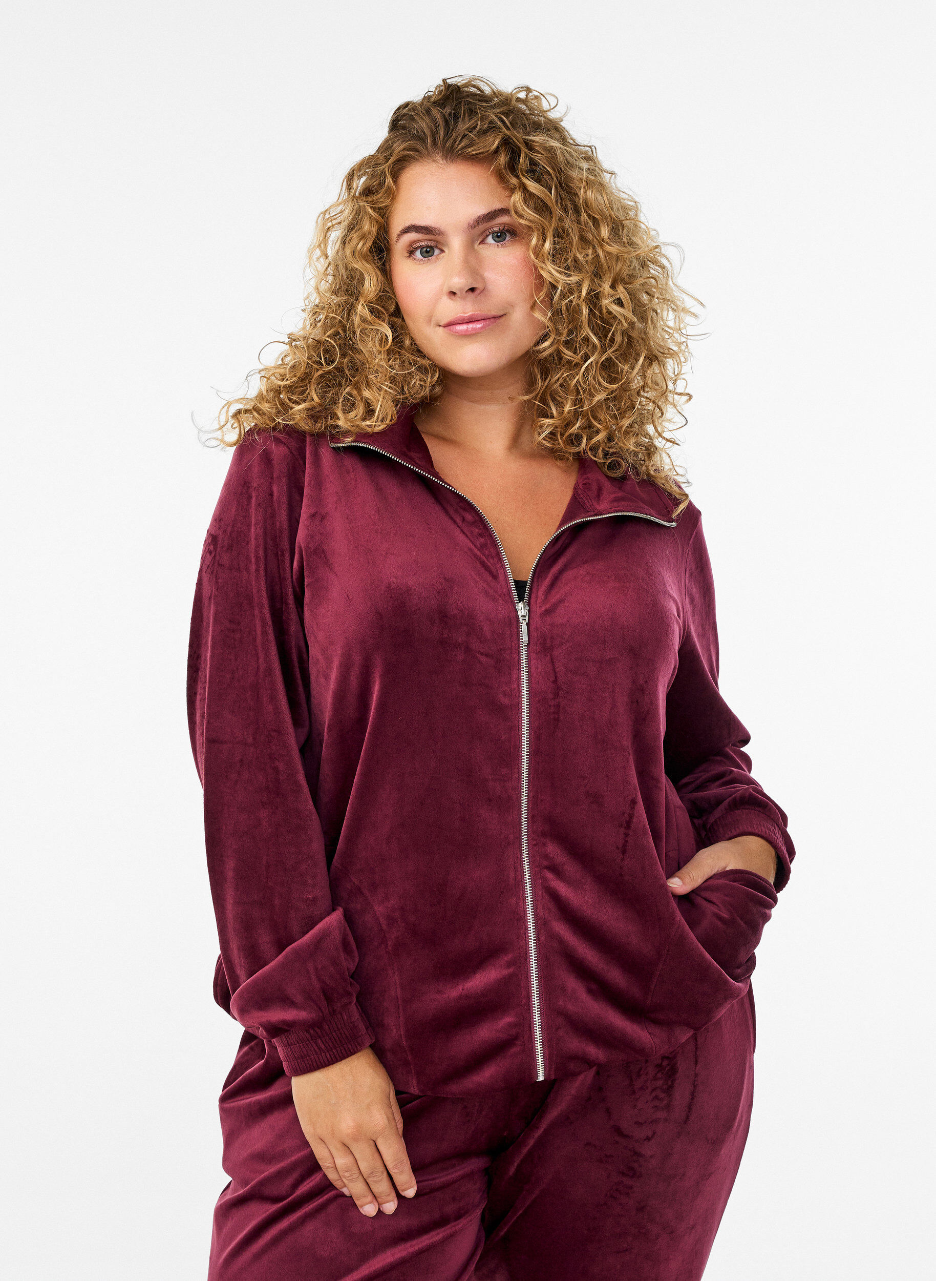 ZizzifashionVelour cardigan with zipper and high collar, Dark Bordeaux, Model image number 0