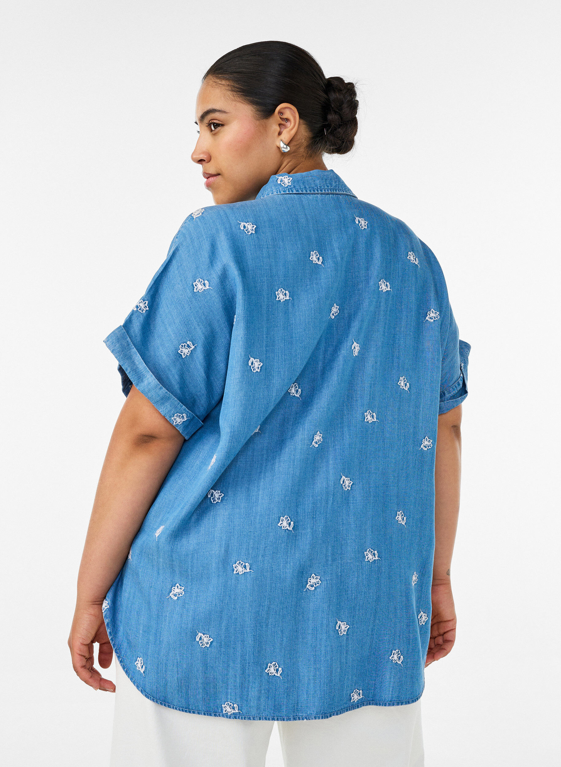 ZizzifashionDenim-look lyocell shirt with floral embroidery, Light Blue, Model image number 2