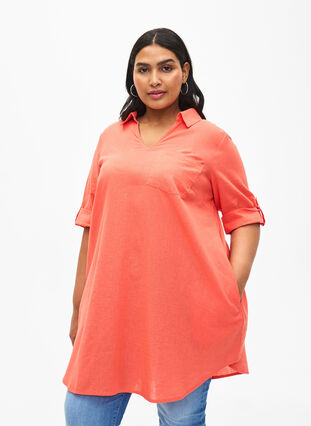 Short-sleeved cotton blend tunic with linen, Living Coral, Model image number 0