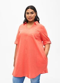 Short-sleeved cotton blend tunic with linen, Living Coral, Model